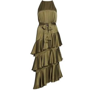 Zimmermann Olive Green Satin Ruffle Midi Dress